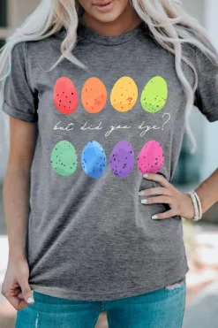 Fashion Dear-Lover Easter Eggs Print Crew Neck T Shirt Gray