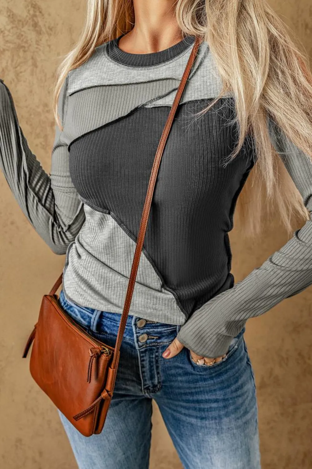 Hot Dear-Lover Expose Seam Color Block Ribbed Knit Top Gray