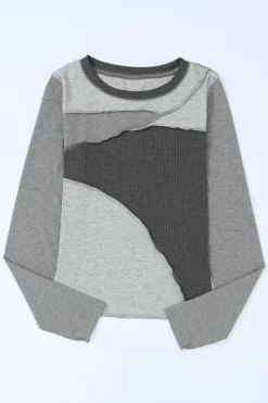 Hot Dear-Lover Expose Seam Color Block Ribbed Knit Top Gray