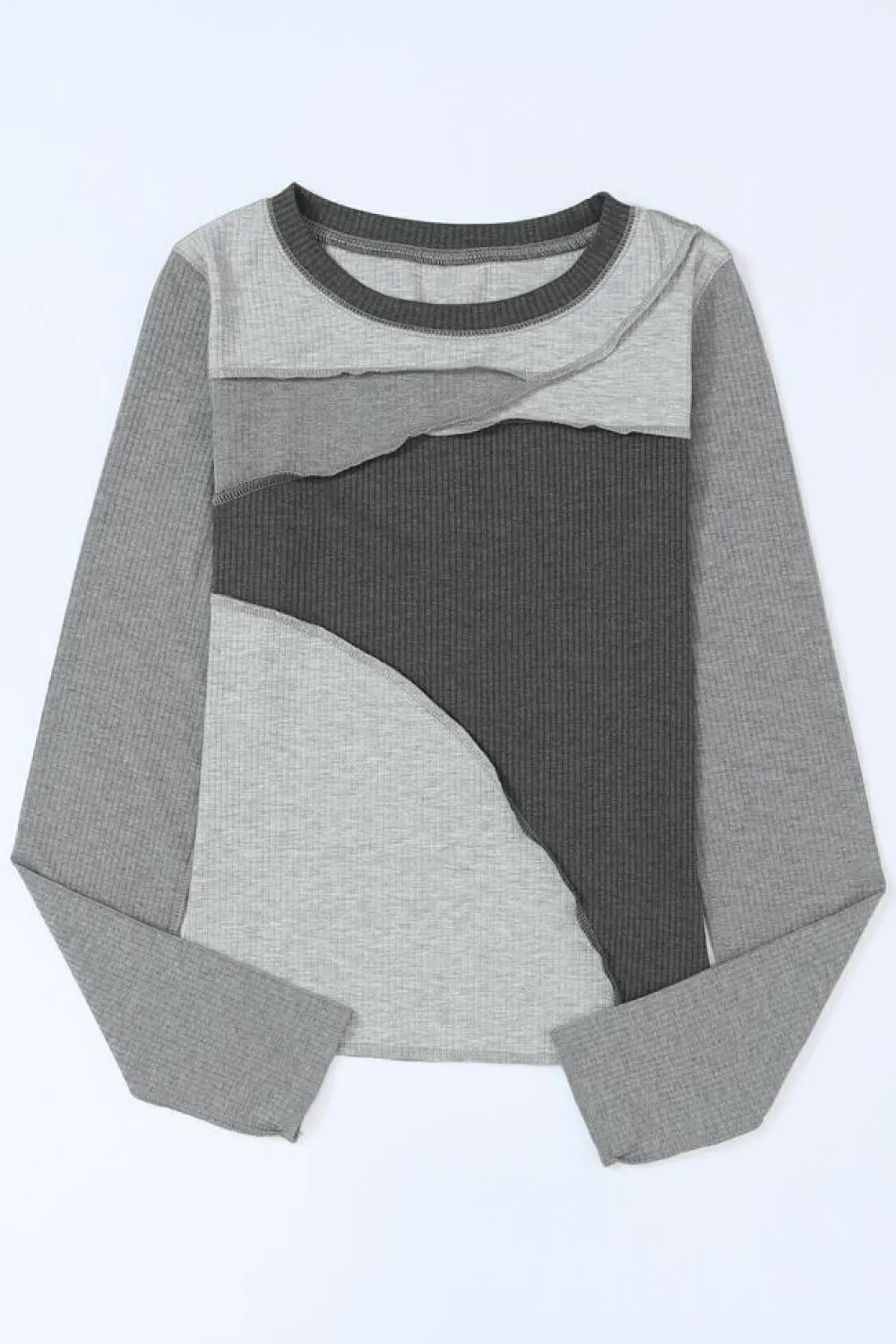 Hot Dear-Lover Expose Seam Color Block Ribbed Knit Top Gray