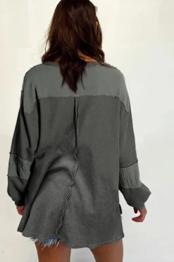 Best Dear-Lover Exposed Seam Patchwork Bubble Sleeve Waffle Knit Top Gray