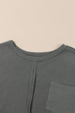 Best Dear-Lover Exposed Seam Patchwork Bubble Sleeve Waffle Knit Top Gray