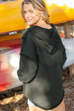 Clearance Dear-Lover Exposed Seam Raw Edge Hoodie with Pockets Gray