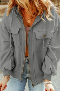 Fashion Dear-Lover Flap Pocket Drawstring Hood Zip Up Jacket Gray