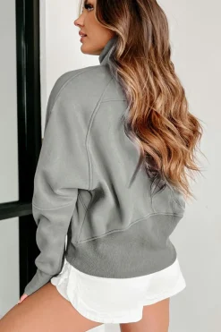 Clearance Dear-Lover Fleece Lined Zip Up Stand Collar Thumbhole Sleeve Sweatshirt Gray