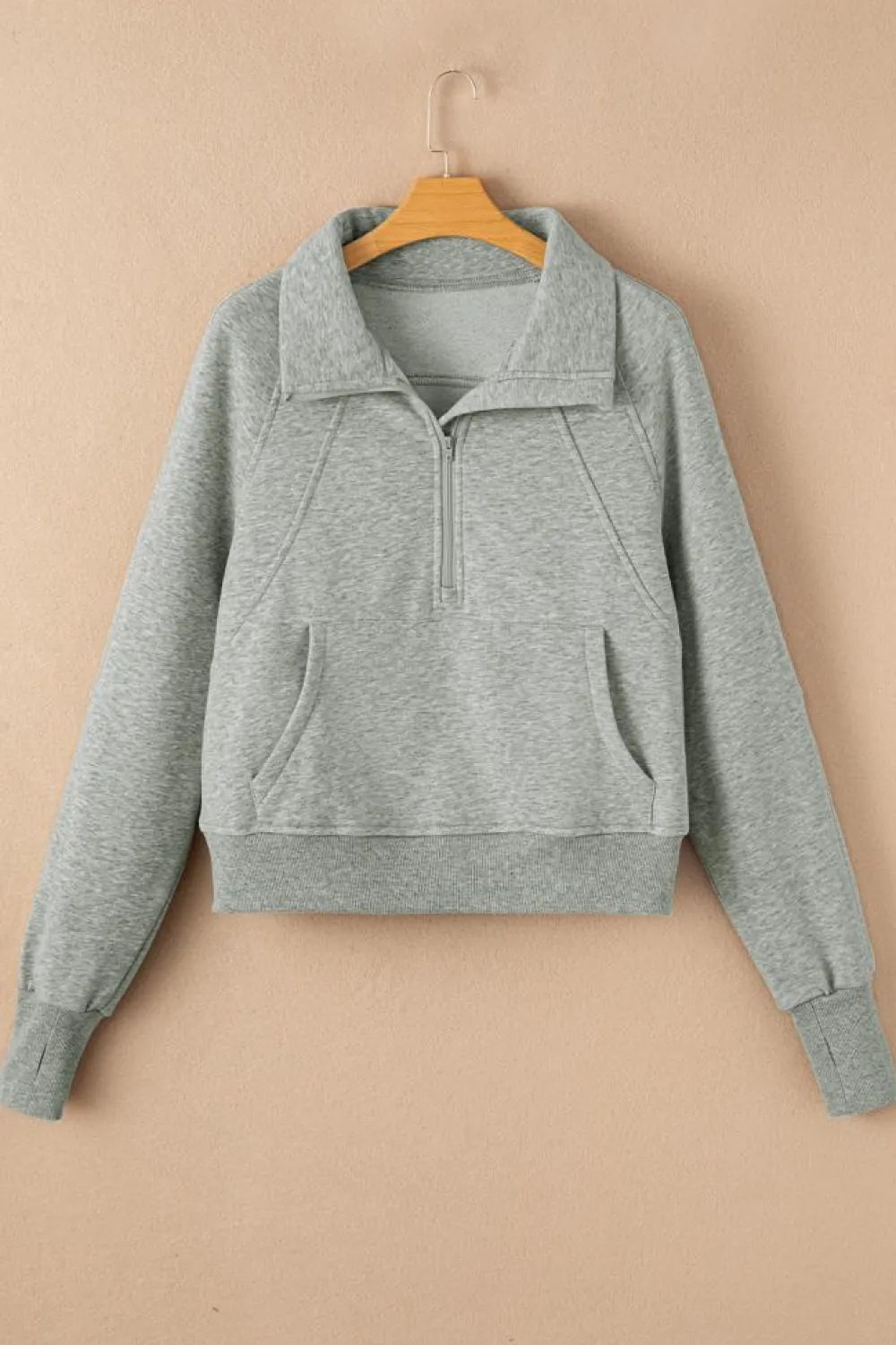 Clearance Dear-Lover Fleece Lined Zip Up Stand Collar Thumbhole Sleeve Sweatshirt Gray