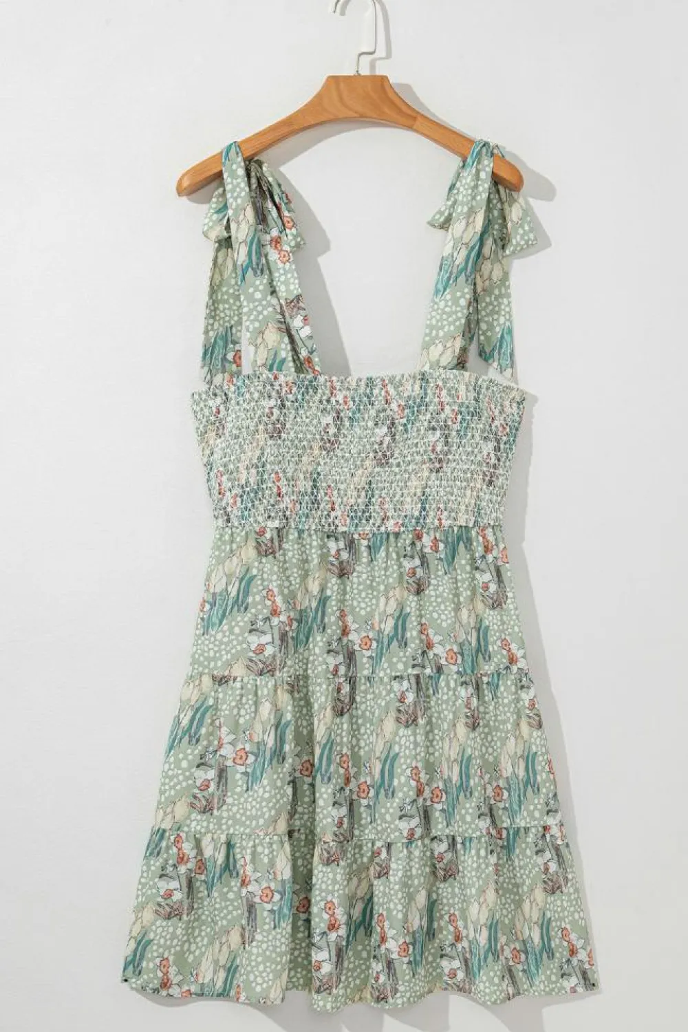 Best Dear-Lover Floral Knotted Strap Smocked Tiered Ruffle Mini Dress Gray