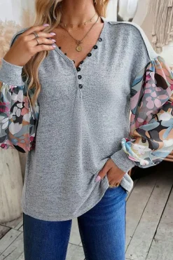 Hot Dear-Lover Floral Lantern Sleeve Patchwork Buttoned V Neck Top Gray