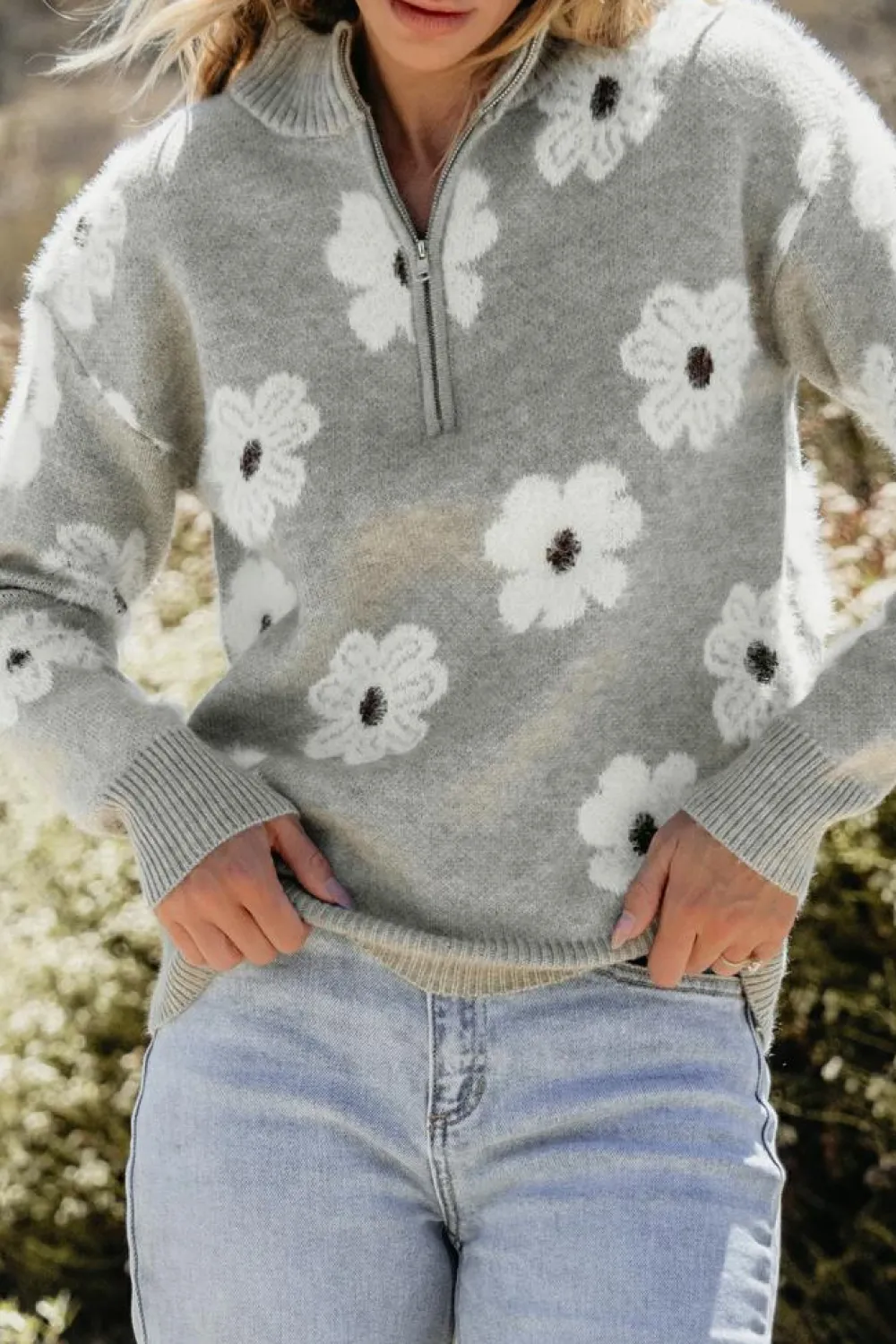 Best Dear-Lover Floral Pattern Half Zip Drop Shoulder Sweater Gray