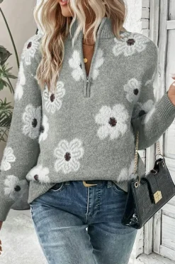 Best Dear-Lover Floral Pattern Half Zip Drop Shoulder Sweater Gray