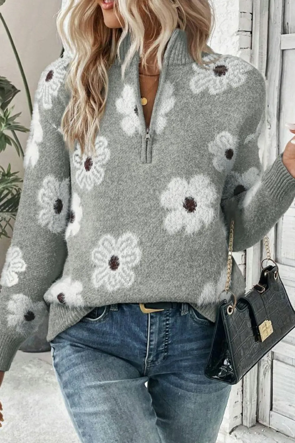 Best Dear-Lover Floral Pattern Half Zip Drop Shoulder Sweater Gray