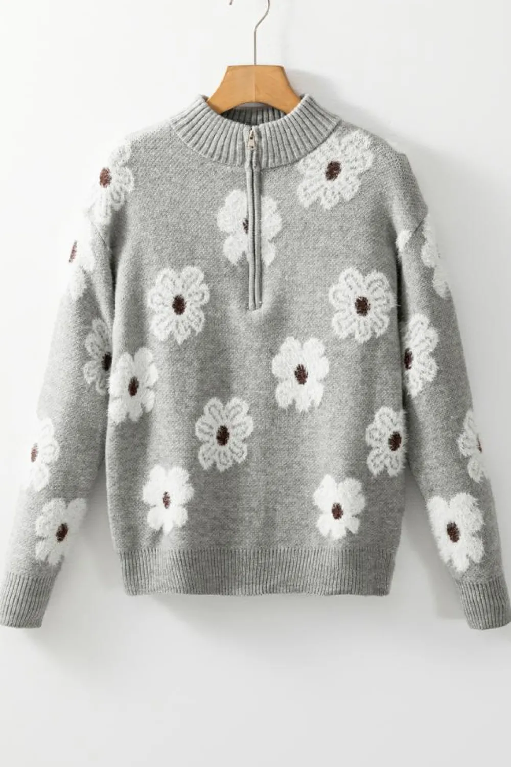 Best Dear-Lover Floral Pattern Half Zip Drop Shoulder Sweater Gray