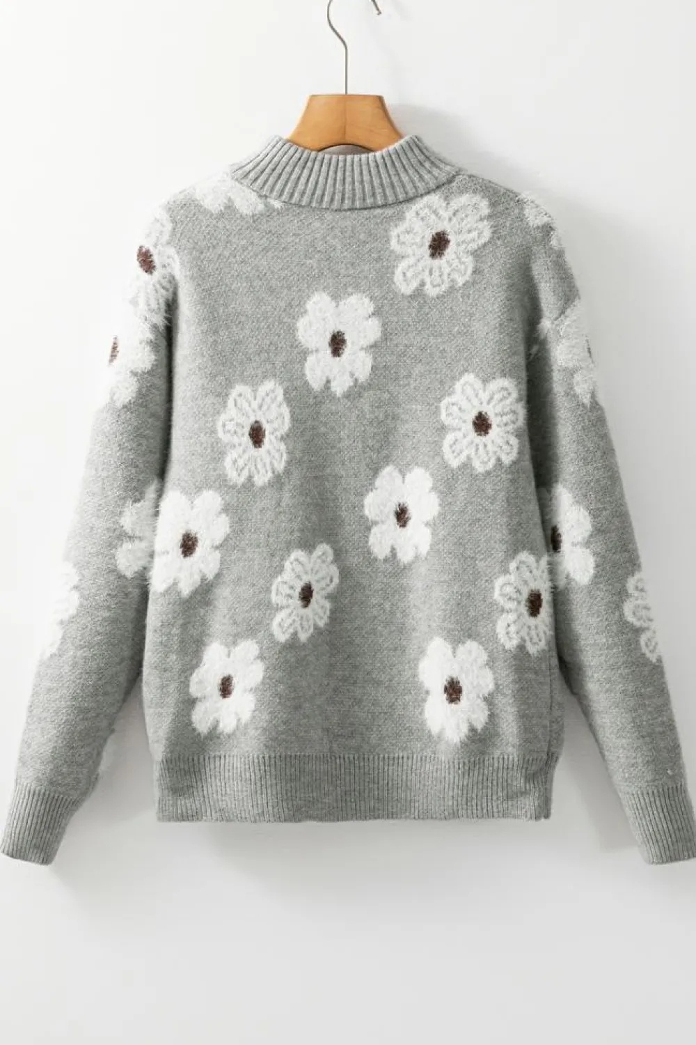 Best Dear-Lover Floral Pattern Half Zip Drop Shoulder Sweater Gray