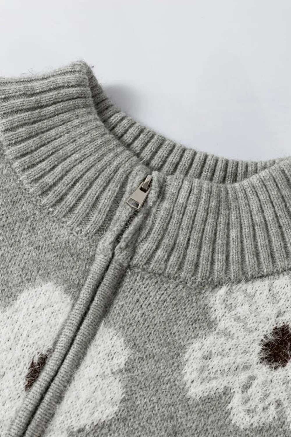 Best Dear-Lover Floral Pattern Half Zip Drop Shoulder Sweater Gray