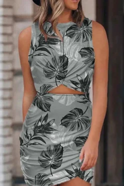 Fashion Dear-Lover Floral Print Hollow Out Wrap Tie Mini Dress Gray