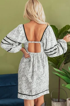 Best Dear-Lover Floral Print Open Back Balloon Sleeve Square Neck Mini Dress Gray