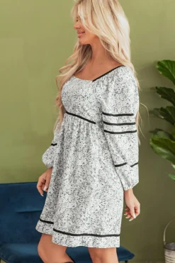 Best Dear-Lover Floral Print Open Back Balloon Sleeve Square Neck Mini Dress Gray