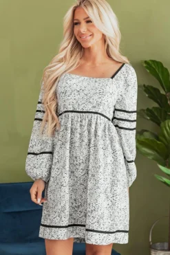 Best Dear-Lover Floral Print Open Back Balloon Sleeve Square Neck Mini Dress Gray