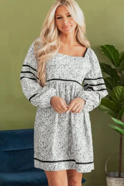 Best Dear-Lover Floral Print Open Back Balloon Sleeve Square Neck Mini Dress Gray