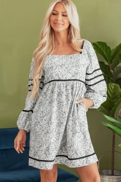Best Dear-Lover Floral Print Open Back Balloon Sleeve Square Neck Mini Dress Gray