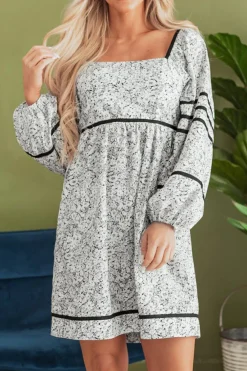 Best Dear-Lover Floral Print Open Back Balloon Sleeve Square Neck Mini Dress Gray