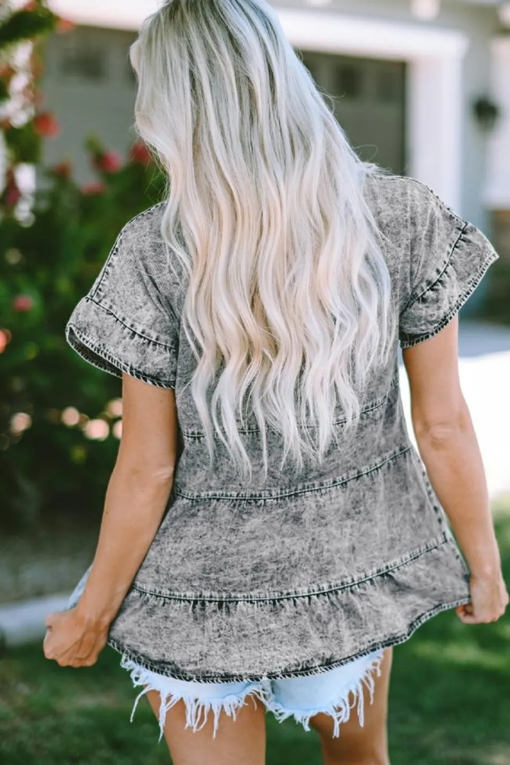 New Dear-Lover Flutter Sleeves Tiered Denim Top Gray