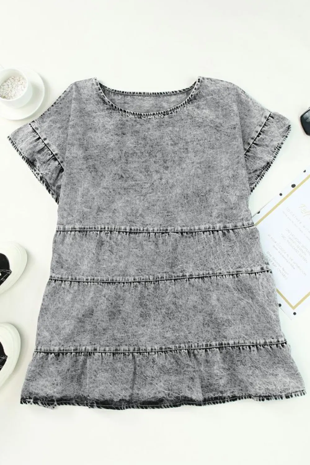 New Dear-Lover Flutter Sleeves Tiered Denim Top Gray