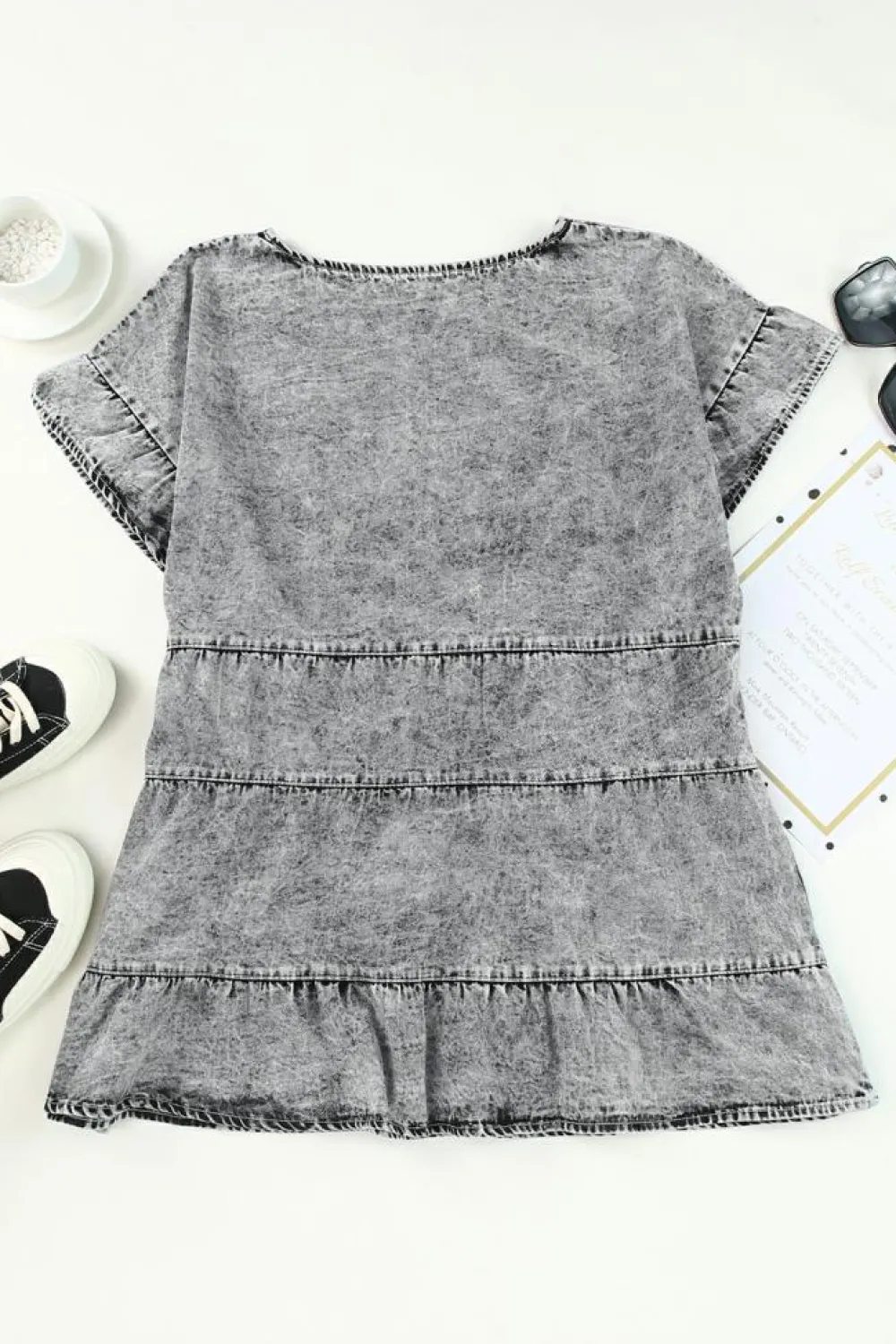 New Dear-Lover Flutter Sleeves Tiered Denim Top Gray