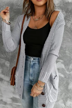 Outlet Dear-Lover Front Pocket and Buttons Closure Cardigan Gray