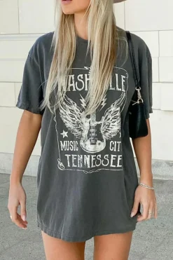 Fashion Dear-Lover Guitar Slogan Letter Graphic Print Oversized T Shirt Gray