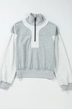 Outlet Dear-Lover Half Zipper Collared Drop Shoulder Side Slits Sweatshirt Gray