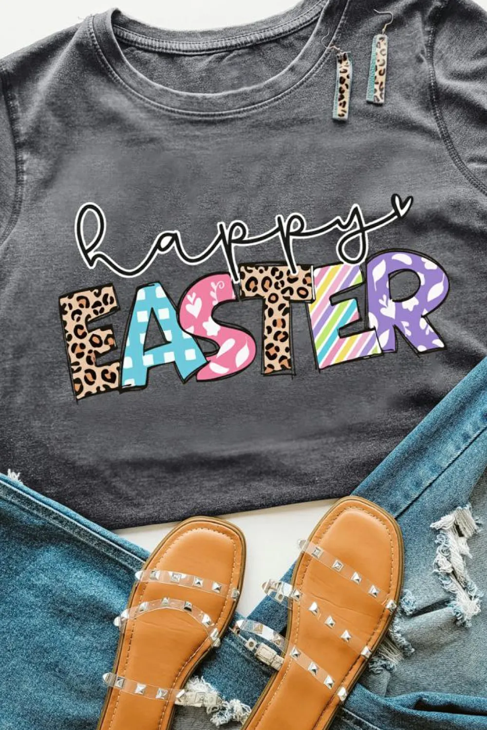 Online Dear-Lover Happy EASTER Lettering Graphic Crewneck Tee Gray