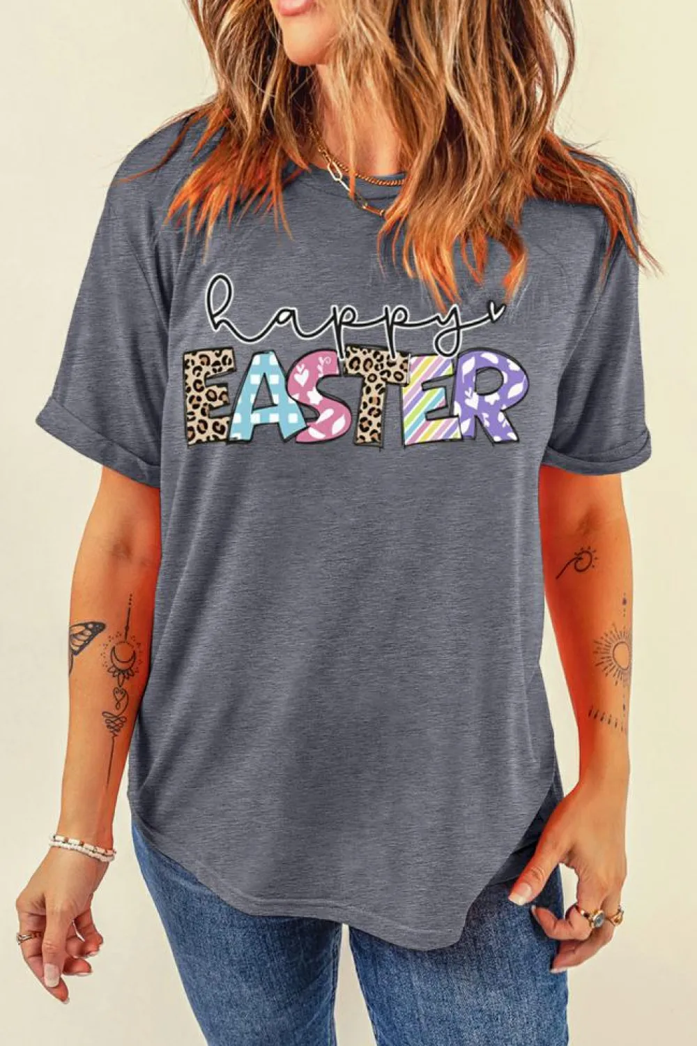 Online Dear-Lover Happy EASTER Lettering Graphic Crewneck Tee Gray