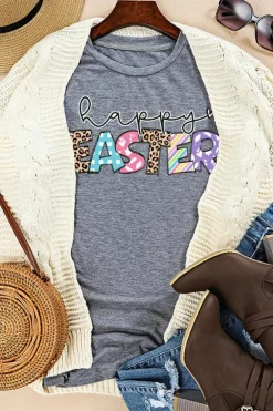 Online Dear-Lover Happy EASTER Lettering Graphic Crewneck Tee Gray