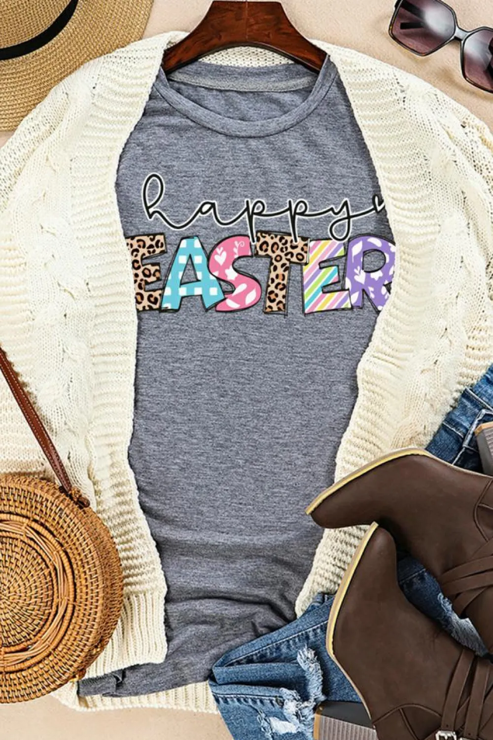 Online Dear-Lover Happy EASTER Lettering Graphic Crewneck Tee Gray