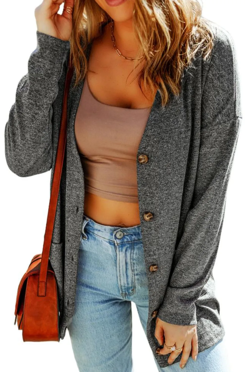 Clearance Dear-Lover Heather Knit Pocketed Button Front Cardigan Gray