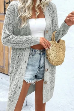Sale Dear-Lover Hollow Out Buttons Front Long Cardigan Gray