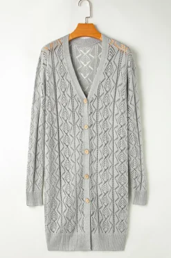 Sale Dear-Lover Hollow Out Buttons Front Long Cardigan Gray