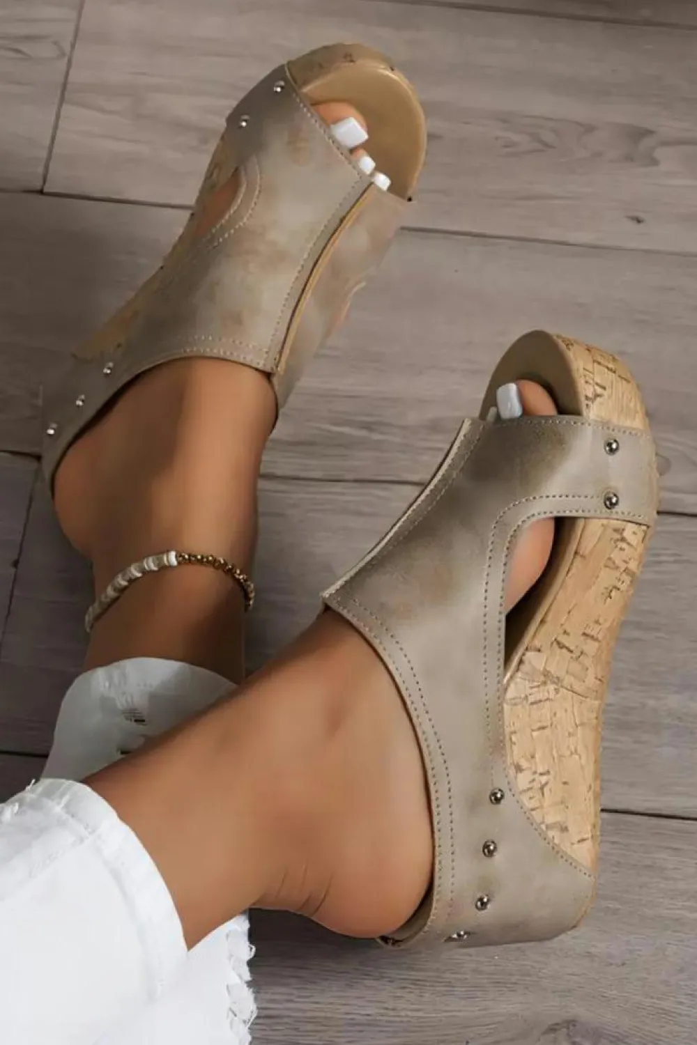Sale Dear-Lover Hollow Out Studded PU Leather Wedge Slippers Gray