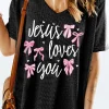 Outlet Dear-Lover Jesus Loves You Bow Knot Print V Neck Waffle Knit Loose T Shirt Gray