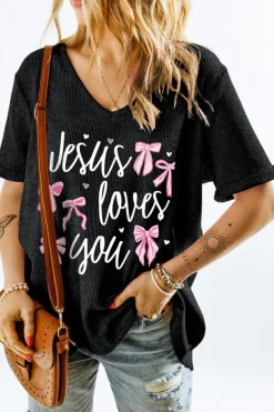 Outlet Dear-Lover Jesus Loves You Bow Knot Print V Neck Waffle Knit Loose T Shirt Gray