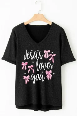 Outlet Dear-Lover Jesus Loves You Bow Knot Print V Neck Waffle Knit Loose T Shirt Gray