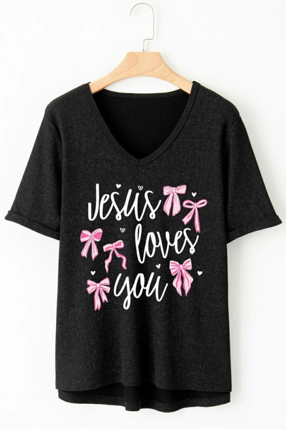 Outlet Dear-Lover Jesus Loves You Bow Knot Print V Neck Waffle Knit Loose T Shirt Gray