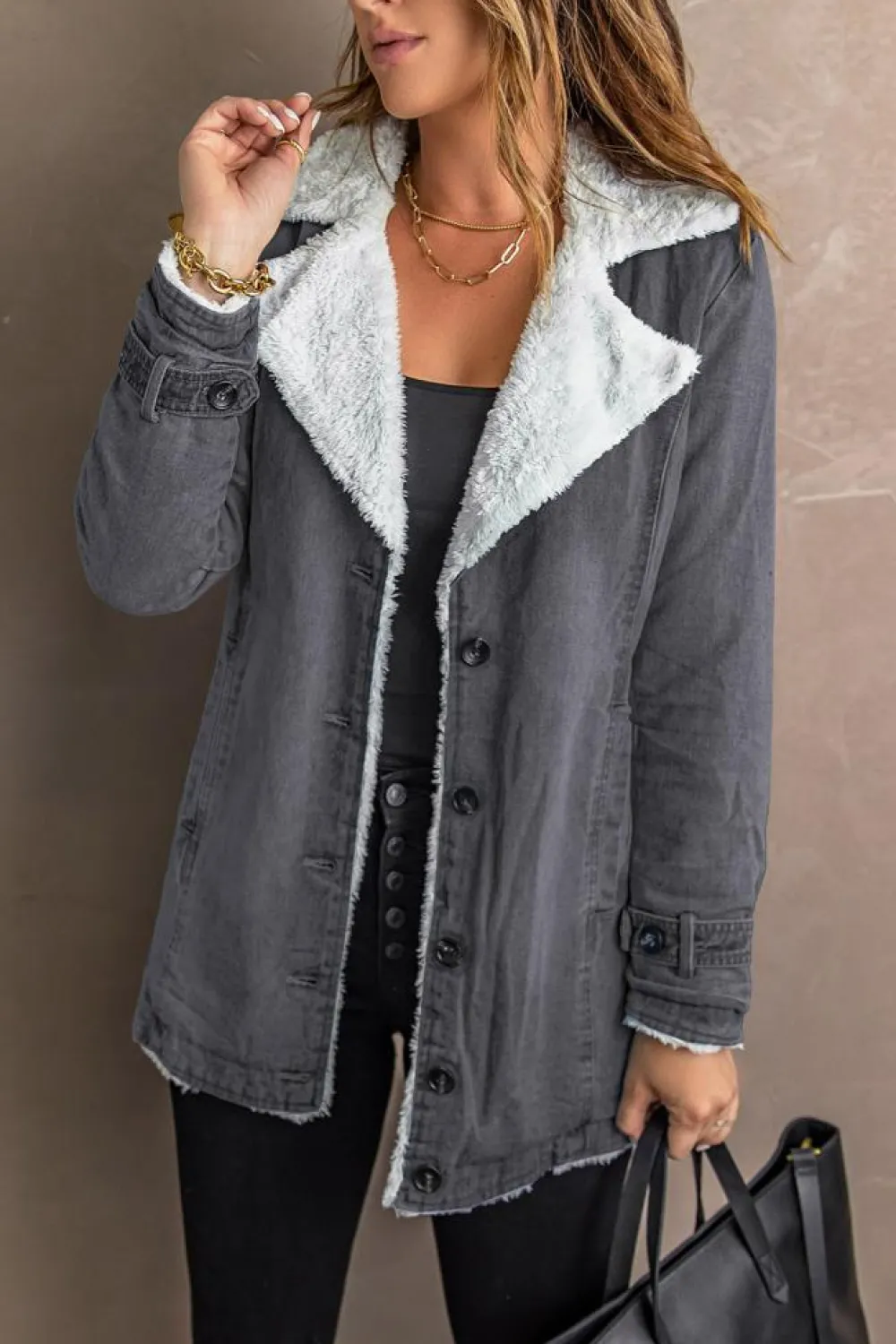 Hot Dear-Lover Lapel Collar Button Fleece Jacket Gray