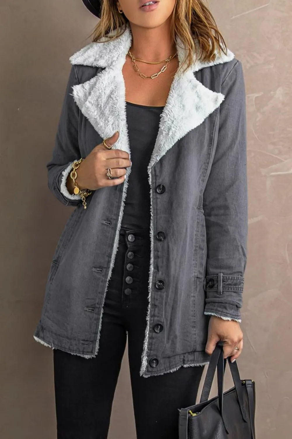 Hot Dear-Lover Lapel Collar Button Fleece Jacket Gray