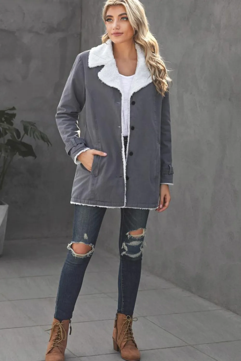 Hot Dear-Lover Lapel Collar Button Fleece Jacket Gray