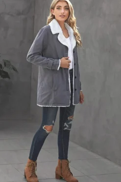 Hot Dear-Lover Lapel Collar Button Fleece Jacket Gray