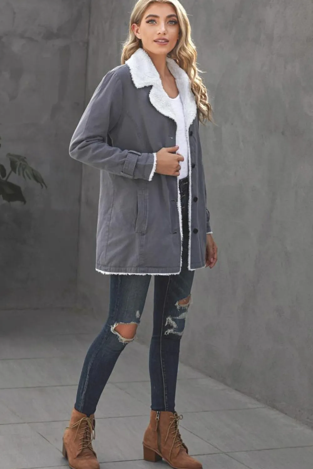 Hot Dear-Lover Lapel Collar Button Fleece Jacket Gray