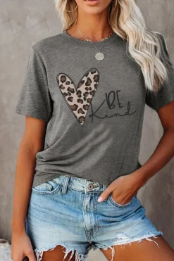 Sale Dear-Lover Leopard Heart Be Kind Graphic Tee Gray