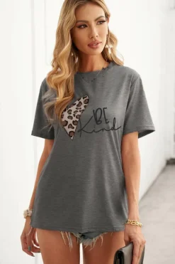 Sale Dear-Lover Leopard Heart Be Kind Graphic Tee Gray